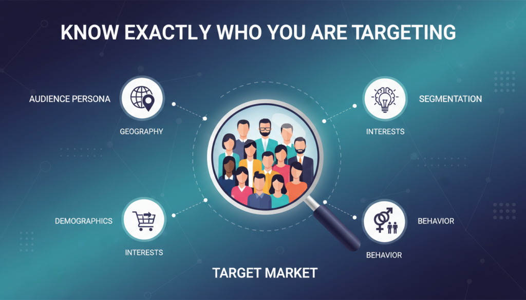 A vibrant digital illustration titled “Know Exactly Who You Are Targeting.” The image features a magnifying glass focusing on a diverse group of people, each representing different demographics, interests, and behaviors. Surrounding the group are icons and keywords such as “Audience Persona,” “Segmentation,” “Behavior,” “Interests,” “Demographics,” and “Target Market.” The overall style is professional and colorful, designed to visually explain precise audience targeting in marketing.