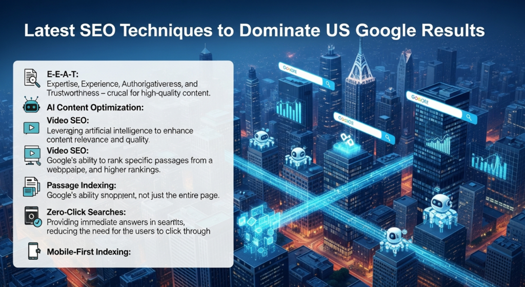 Ek digital illustration hai jo “Latest SEO Techniques to Dominate US Google Results” ko represent karta hai. Background mein ek modern US cityscape hai, jismein Google search bars, ranking charts, aur AI robots data analyze karte dikhayi dete hain. Upar heading hai: “Latest SEO Techniques to Dominate US Google Results.” Side par modern overlay hai jahan keywords—E-E-A-T, AI Content Optimization, Video SEO, Passage Indexing, Zero-Click Searches, Mobile-First Indexing, Semantic Search, aur Google Discover Optimization—ki short explanations aur icons shamil hain. Design tech-inspired, colorful aur professional hai.