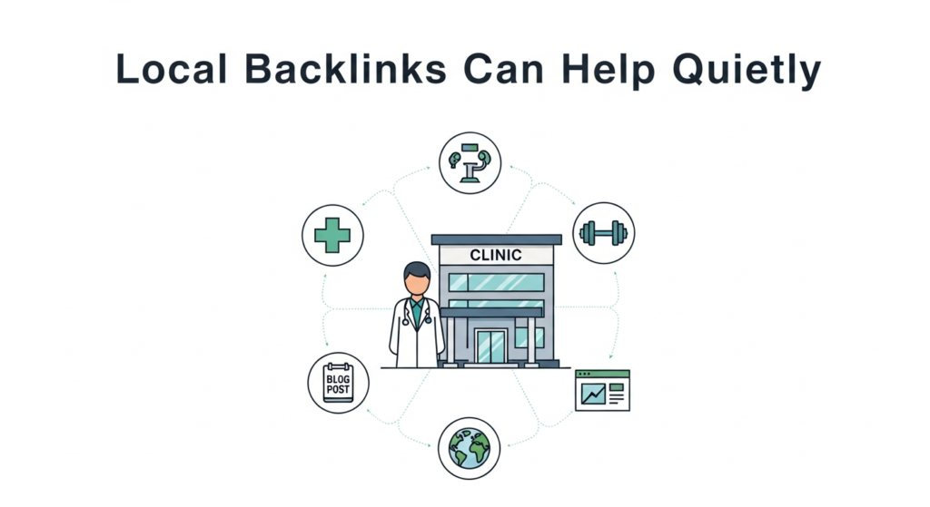 Digital illustration with the heading “Local Backlinks Can Help Quietly” at the top. A doctor and a clinic building are in the center, surrounded by smaller icons representing local businesses (pharmacy, fitness center, local blog, community website). Subtle dotted lines connect these icons to the clinic, symbolizing quiet support through local backlinks.