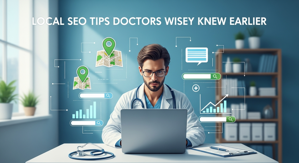 Digital illustration showing a doctor in a clinic setting using a laptop, surrounded by location map icons, a search bar, and a rising graph, with medical tools like a stethoscope and clipboard nearby. The bold heading reads “Local SEO Tips Doctors Wish They Knew Earlier.” The image visually connects local search strategies with medical practice growth.

