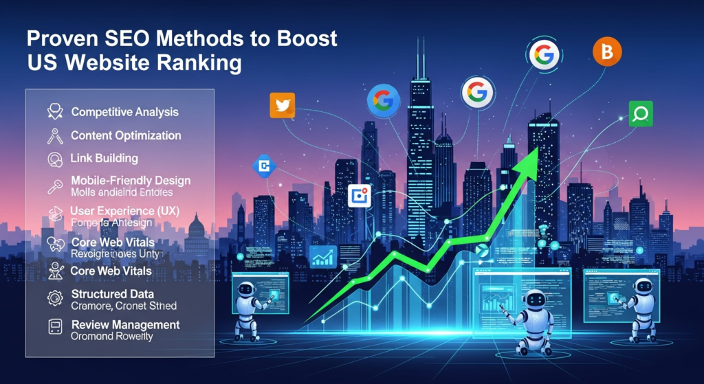 Ek digital illustration hai jo “Proven SEO Methods to Boost US Website Ranking” ko represent karta hai. Background mein ek modern US cityscape hai, jismein upward-trending graphs, search engine icons, aur AI robots websites ko analyze karte dikhayi dete hain. Upar heading hai: “Proven SEO Methods to Boost US Website Ranking.” Side par modern overlay hai jahan keywords—Competitive Analysis, Content Optimization, Link Building, Mobile-Friendly Design, User Experience (UX), Core Web Vitals, Structured Data, aur Review Management—ki short explanations aur icons shamil hain. Design tech-inspired, colorful aur professional hai.