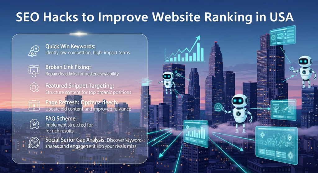 Ek digital illustration hai jo “SEO Hacks to Improve Website Ranking in USA” ko represent karta hai. Background mein ek modern US cityscape hai, jismein quick SEO tools, upward trending charts, aur AI robots web pages ko tweak karte nazar aa rahe hain. Upar heading hai: “SEO Hacks to Improve Website Ranking in USA.” Side par modern overlay hai jahan keywords—Quick Win Keywords, Broken Link Fixing, Featured Snippet Targeting, Image SEO, Page Refresh, FAQ Schema, Social Signals, aur Competitor Gap Analysis—ki short explanations aur icons shamil hain. Design tech-inspired, colorful aur professional hai.
