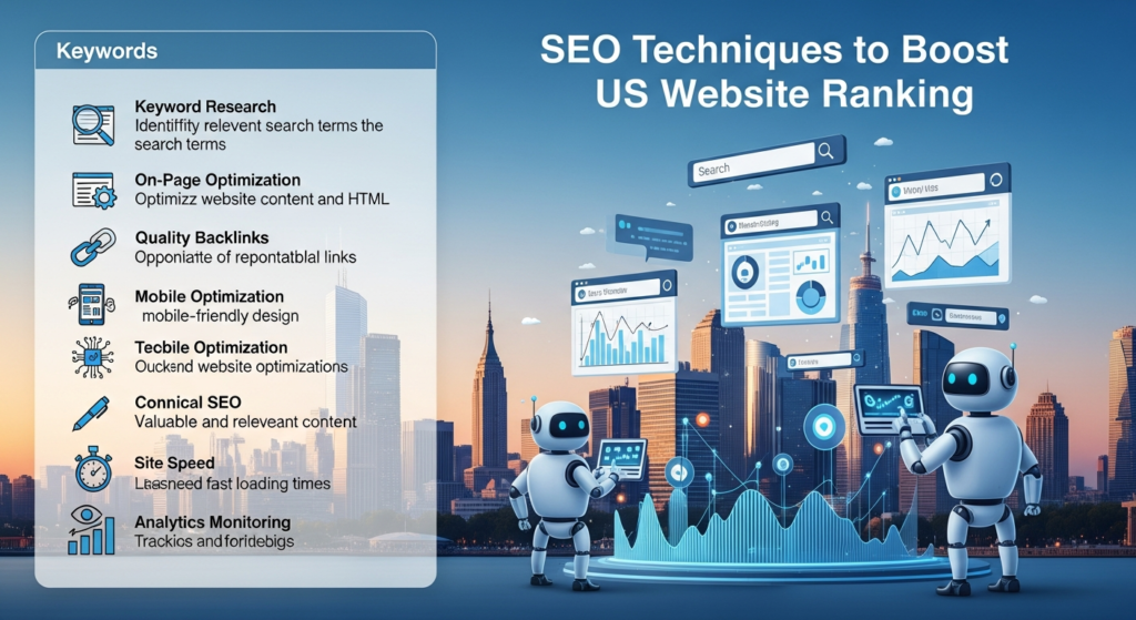 Ek digital illustration hai jo “SEO Techniques to Boost US Website Ranking” ko represent karta hai. Background mein ek US cityscape hai, jismein digital elements jaise search bars, website graphs, aur AI robots nazar aa rahe hain jo websites ko optimize kar rahe hain. Upar heading hai: “SEO Techniques to Boost US Website Ranking.” Side par modern overlay hai jahan keywords—Keyword Research, On-Page Optimization, Quality Backlinks, Mobile Optimization, Technical SEO, Content Creation, Site Speed, aur Analytics Monitoring—ki short explanations aur icons shamil hain. Design tech-inspired, colorful aur professional hai.