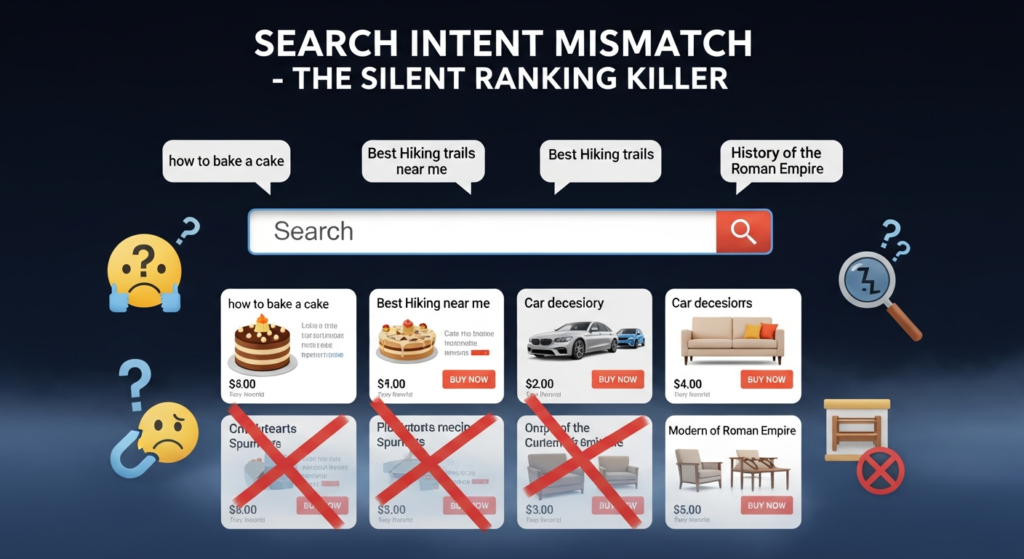 Search Intent Mismatch – The Silent Ranking Killer Search intent mismatch happens when the content on a page doesn’t match what users are actually looking for. If users search for information but find product pages (or vice versa), they quickly leave, signaling to search engines that the result isn’t helpful. This leads to higher bounce rates, lower engagement, and eventually falling rankings—even if your SEO fundamentals are strong. Aligning your content with true user intent is critical for ranking, conversion, and user satisfaction. Regularly review and update your pages to ensure they meet the evolving needs of your audience’s search intent.