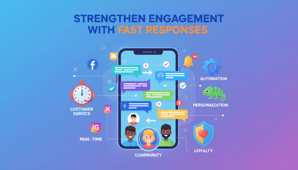 A vibrant digital illustration titled “Strengthen Engagement With Fast Responses.” The image features a smartphone or computer screen filled with chat bubbles and notification icons, highlighting quick replies. Happy customers and social media icons appear throughout the design. Keywords like “Real-Time,” “Customer Service,” “Automation,” “Personalization,” “Community,” and “Loyalty” are artistically integrated, illustrating the importance of prompt engagement for stronger customer relationships. The style is modern, colorful, and professional.
