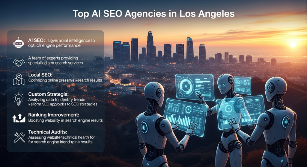 Ek digital illustration hai jo top AI SEO agencies in Los Angeles ko dikhata hai. Scene mein Los Angeles ka futuristic cityscape nazar aa raha hai, jismein mashhoor landmarks aur AI robots ek dusre ke saath collaborate kar rahe hain. Digital dashboards par SEO analytics dikhaye gaye hain. Upar heading hai: “Top AI SEO Agencies in Los Angeles.” Side par modern overlay hai jahan keywords—AI SEO, Agency, Local SEO, Data Analytics, Custom Strategies, Ranking Improvement, Technical Audits, aur Client Reporting—ki short explanations aur icons shamil hain. Design tech-inspired aur professional hai.