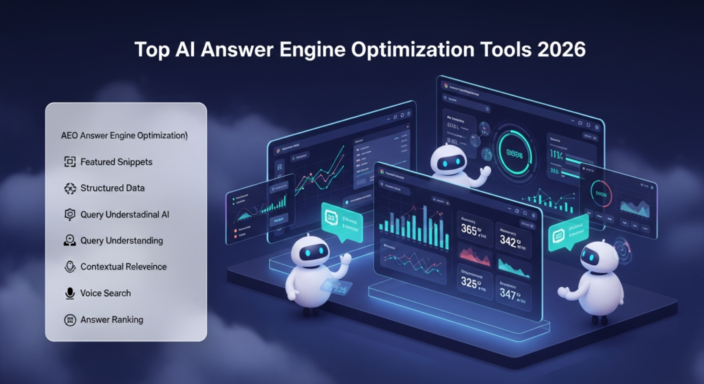 digital illustration hai jo top AI Answer Engine Optimization (AEO) tools 2026 ko highlight karta hai. Scene mein AI bots dikh rahe hain jo search answers ko optimize kar rahe hain, futuristic dashboards aur digital charts answer quality metrics ko display karte hain. Upar heading hai: “Top AI Answer Engine Optimization Tools 2026.” Side par modern overlay hai jahan key terms—AEO (Answer Engine Optimization), Featured Snippets, Structured Data, Conversational AI, Query Understanding, Contextual Relevance, Voice Search, aur Answer Ranking—ke short explanations aur har ek ke liye icons shamil hain. Design tech-inspired aur professional hai.