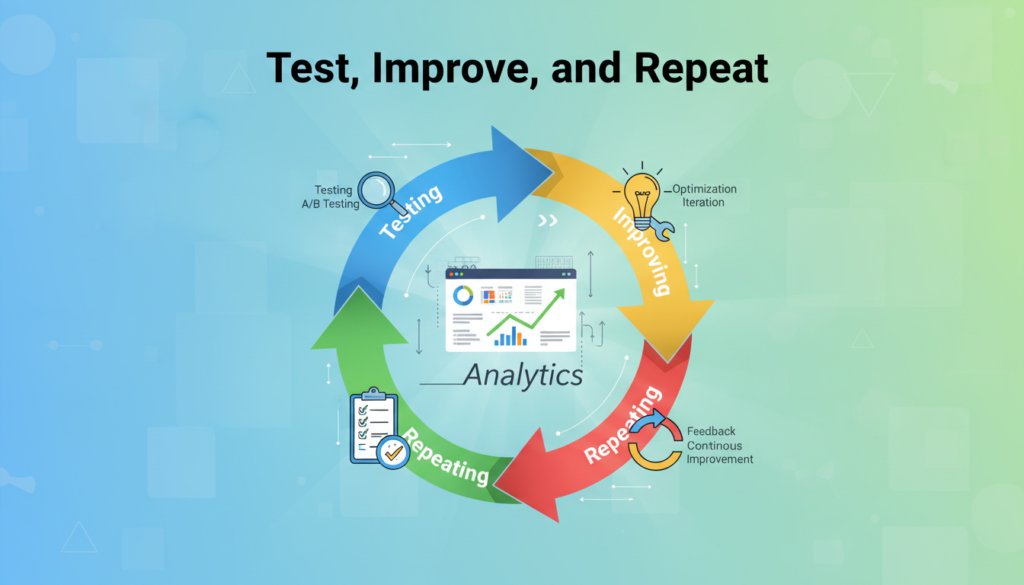 A modern digital illustration titled “Test, Improve, and Repeat.” The image displays a cyclical process diagram with arrows moving through stages like testing, analyzing, improving, and repeating. Visual elements include analytics dashboards, checklists, and upward-trending graphs. Keywords such as “A/B Testing,” “Optimization,” “Feedback,” “Analytics,” “Iteration,” and “Continuous Improvement” are creatively integrated into the design. The overall style is colorful, professional, and visually communicates ongoing marketing improvement strategies.