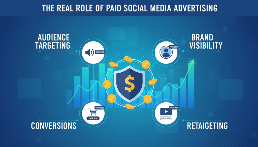Graphic showing paid social media advertising with ad icons, currency symbols, analytics, and keywords explaining its real role in marketing.
If you want more details, other keywords, or a different style, just let me know!