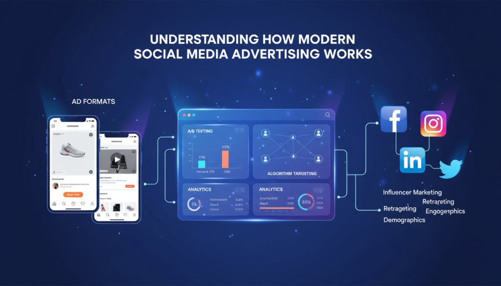 Illustration showing how modern social media advertising works with smartphones, ad dashboards, social media icons, and keywords explaining the process.

If you need further customization, extra keywords, or a different visual style, just let me know!