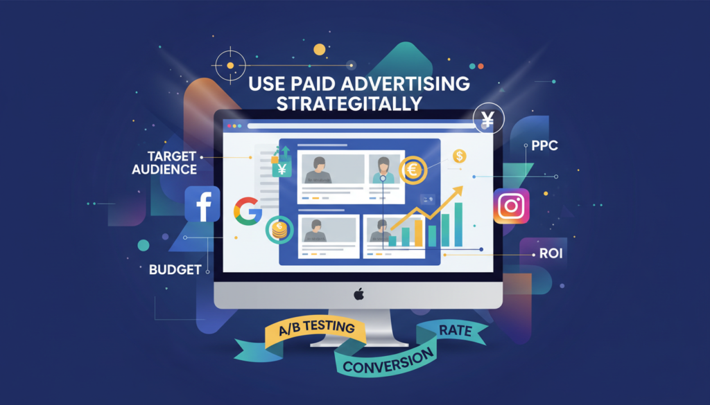 A professional digital illustration titled “Use Paid Advertising Strategically.” The image shows a computer screen displaying various ads, with targeting icons, currency symbols, and upward-pointing graphs. Platform icons such as Facebook, Google, and Instagram are visible. Keywords like “Target Audience,” “Budget,” “PPC,” “ROI,” “A/B Testing,” and “Conversion Rate” are integrated into the design, visually emphasizing essential paid advertising strategies. The overall style is modern and colorful, ideal for marketing content.