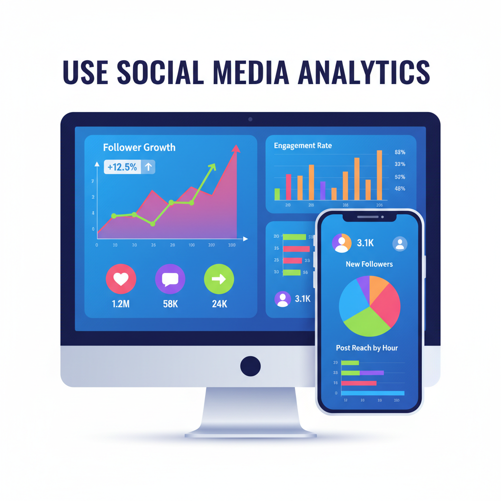 A colourful illustration of a computer or smartphone screen displaying a social media analytics dashboard with graphs, charts, and various metrics. Icons for likes, comments, shares, and follower numbers are visible. The heading “Use Social Media Analytics” appears at the top in bold font. The image visually represents tracking and understanding social media performance through analytics tools.