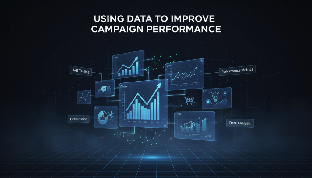 Illustration depicting how data is used to improve marketing campaign performance, with analytics dashboards, trending charts, data insights, and marketing keywords.

If you’d like further customization, more keywords, or a specific style, just let me know!

