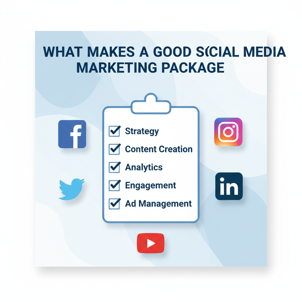  A digital illustration features a checklist with ticks next to Strategy, Content Creation, Analytics, Engagement, and Ad Management, surrounded by social media icons (Facebook, Instagram, Twitter, LinkedIn, YouTube). The heading reads "What Makes a Good Social Media Marketing Package" at the top, with a light blue and white business-themed background.