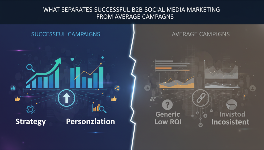 Illustration contrasting successful B2B social media marketing (with growth and engagement symbols) versus average campaigns (with flat results and lower engagement), featuring key marketing terms.
If you would like to adjust the style, add more keywords, or customize further, just let me know!