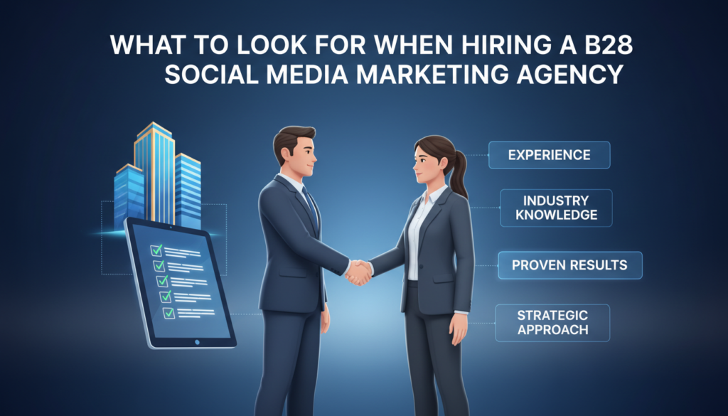 Illustration featuring business handshake, agency icons, checklists, and keywords explaining key qualities to look for in a B2B social media marketing agency.
If you need any changes or more keywords, just let me know!