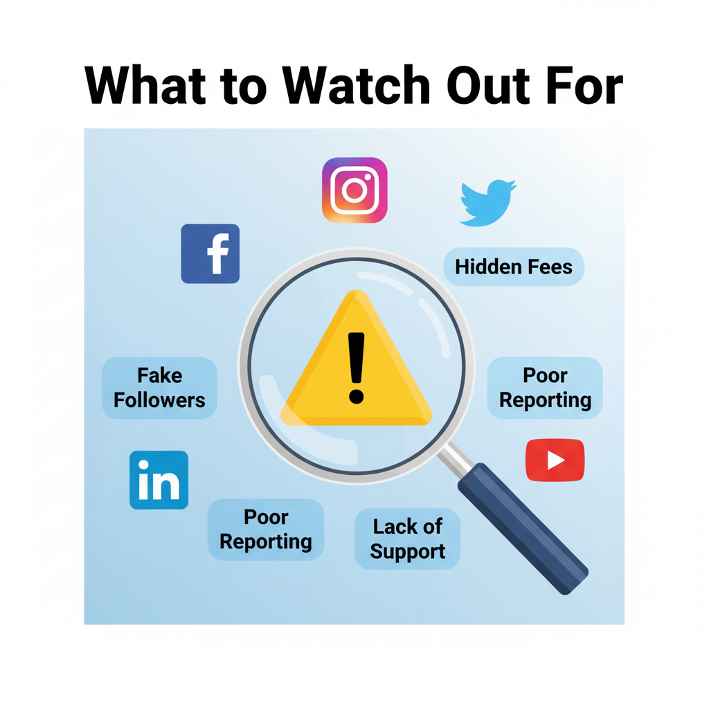 A digital illustration shows a magnifying glass focusing on a warning sign, surrounded by social media icons (Facebook, Instagram, Twitter, LinkedIn, YouTube). The heading "What to Watch Out For" appears at the top, with keywords Hidden Fees, Fake Followers, Poor Reporting, Lack of Support, and Overpromising displayed around the warning sign. The background is light blue and white, evoking a professional atmosphere.