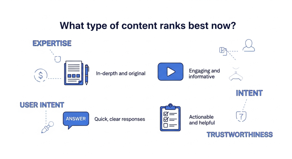 A digital illustration with the heading "What type of content ranks best now?" at the top. Below, icons represent a blog post (paper and pen), a video play button, a short answer bubble, and a checklist for helpful guides. Each icon has a brief explanation: "In-depth and original" (blogs), "Engaging and informative" (videos), "Quick, clear responses" (answer bubbles), and "Actionable and helpful" (guides). Keywords like "Expertise," "User Intent," and "Trustworthiness" are scattered throughout a modern, blue-and-white, tech-inspired background.