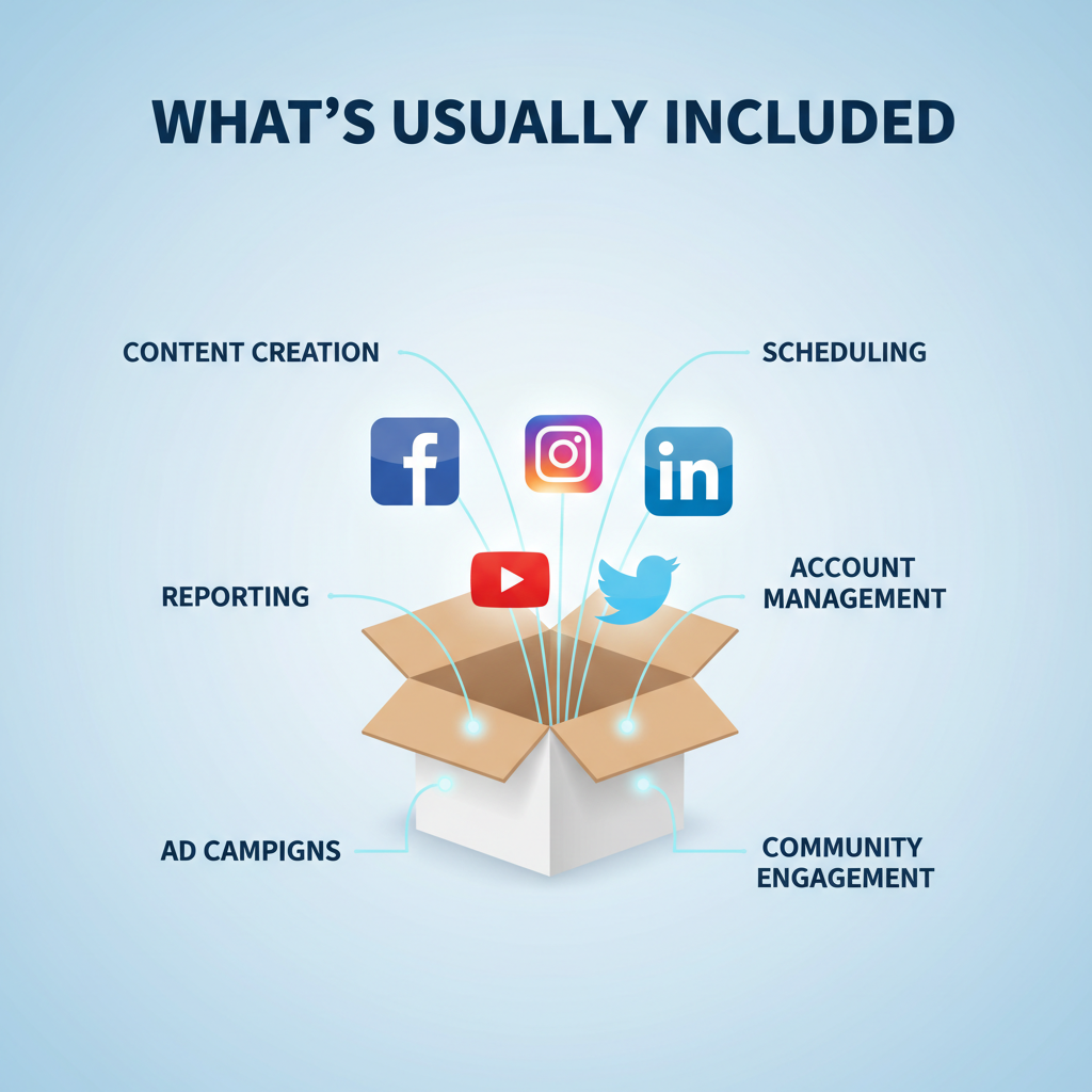  A digital illustration displays an open box with social media icons (Facebook, Instagram, Twitter, LinkedIn, YouTube) coming out of it. The heading says "What’s Usually Included" at the top. Around the box, keywords such as Content Creation, Scheduling, Reporting, Account Management, Ad Campaigns, and Community Engagement are presented, with a light blue and white business-themed background.