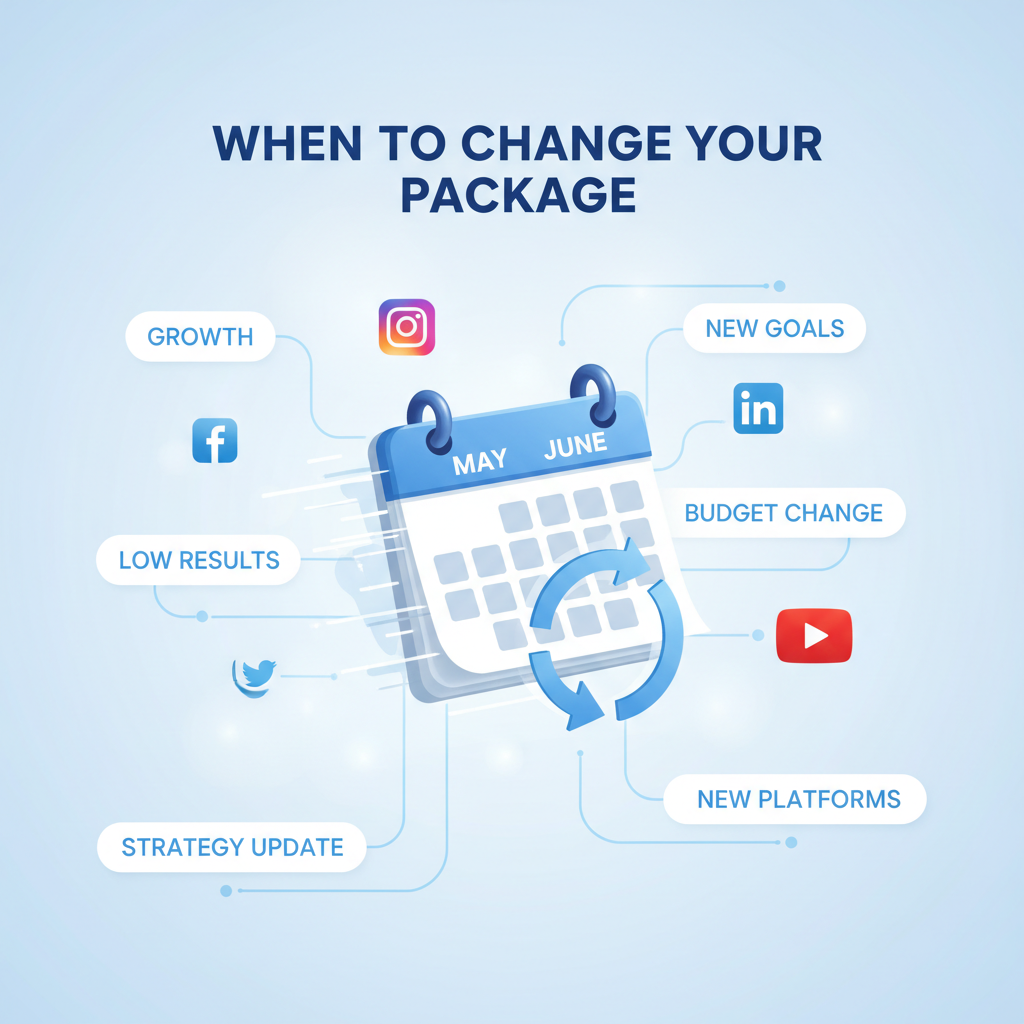 A digital illustration displays a calendar flipping to a new month and a refresh icon, with social media icons (Facebook, Instagram, Twitter, LinkedIn, YouTube) integrated into the scene. The heading “When to Change Your Package” appears at the top, surrounded by keywords Growth, New Goals, Low Results, Budget Change, New Platforms, and Strategy Update on a light blue and white background.