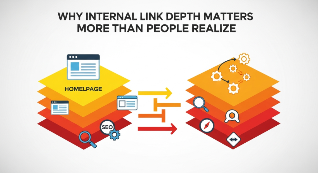Infographic titled "Why Internal Link Depth Matters More Than People Realize." The image shows a layered website sitemap with web page icons connected by arrows, illustrating navigation from the homepage to deeper pages. Bold colors and SEO-related symbols emphasize the importance of how many clicks it takes to reach different pages within a website.