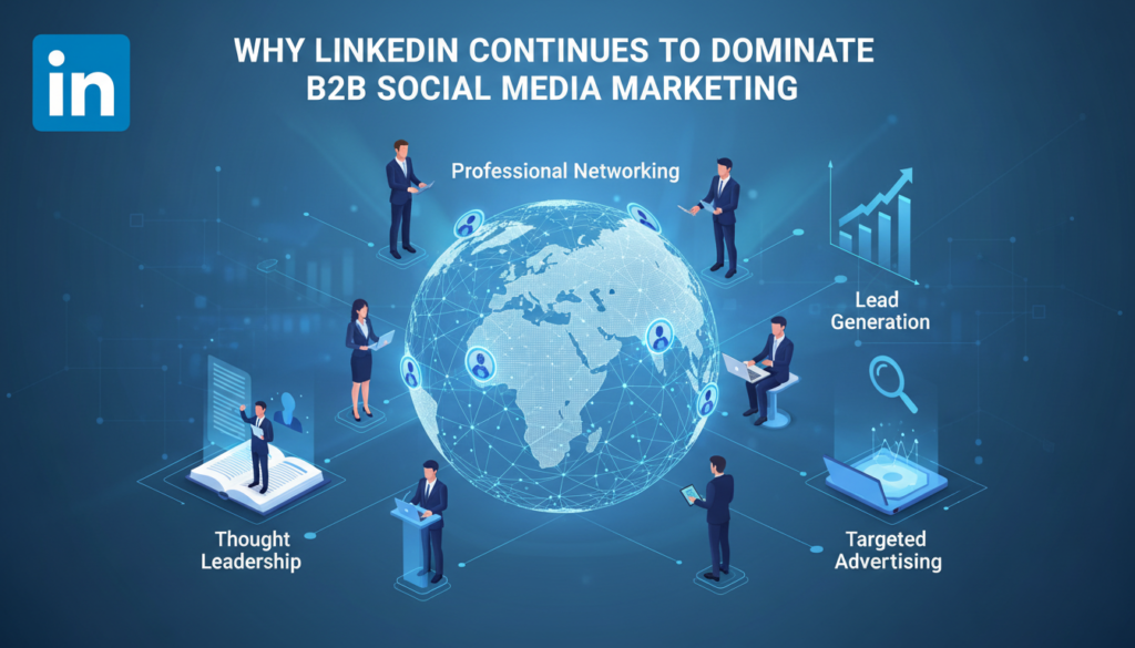 Illustration showcasing LinkedIn's dominance in B2B social media marketing, with LinkedIn branding, business networking visuals, and key marketing terms.
If you’d like further customization or additional keywords, just let me know!