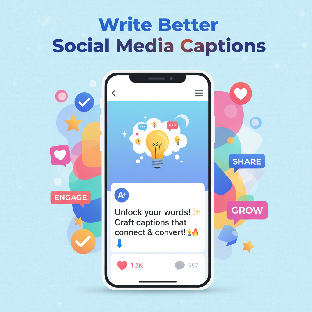 A colourful illustration of a smartphone displaying a social media post, with special focus on a catchy, emoji-filled caption. The post includes ‘like’ and ‘comment’ icons to highlight engagement. The heading “Write Better Social Media Captions” is at the top in bold, modern font. The image visually represents the art of crafting engaging and effective social media captions.
