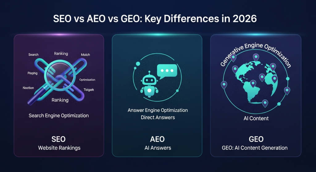A digital illustration titled "SEO vs AEO vs GEO: Key Differences in 2026." At the top is a bold heading. The image is divided into three sections:

The first section (SEO) shows a magnifying glass, web links, keywords "Search Engine Optimization" and "Ranking," and the phrase "Website Rankings."
The second section (AEO) features a chatbot, answer bubble, keywords "Answer Engine Optimization" and "Direct Answers," and the phrase "AI Answers."
The third section (GEO) displays a globe, map pins, keywords "Generative Engine Optimization" and "AI Content," and the phrase "AI Content Generation."
The overall design uses a modern, futuristic color palette.