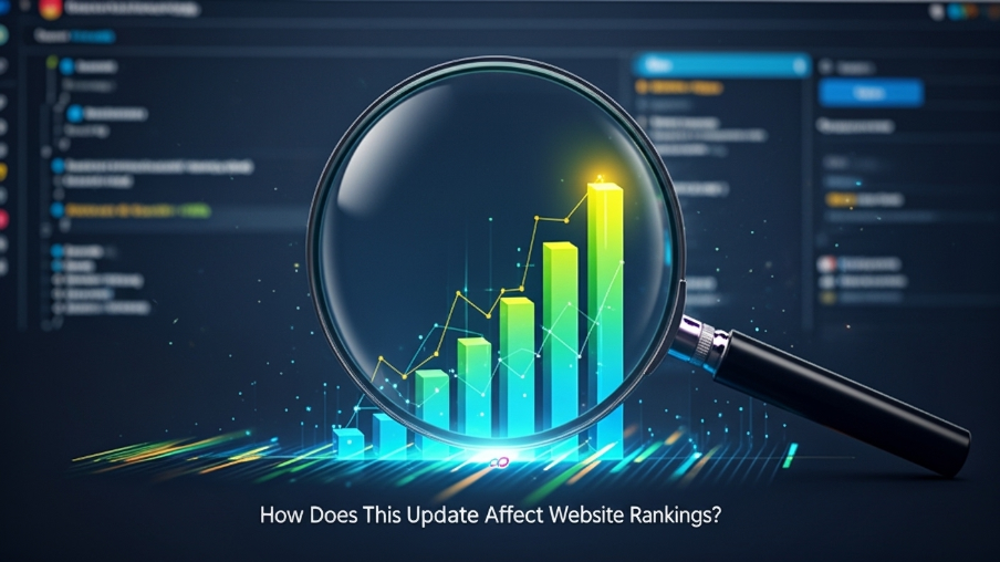 Magnifying glass examining rising bar chart on analytics dashboard with text "How Does This Update Affect Website Rankings?"