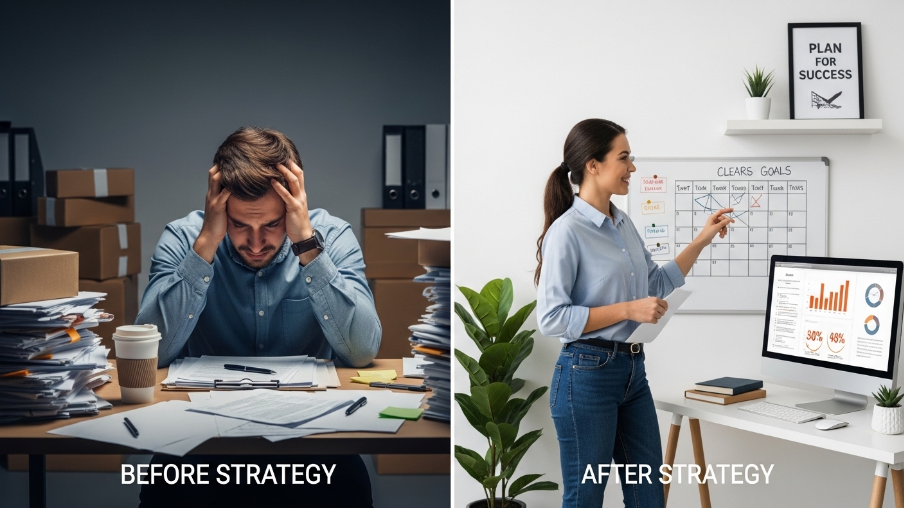 Split image comparing "BEFORE STRATEGY" vs "AFTER STRATEGY". Before shows stressed man at cluttered desk with papers and boxes. After shows smiling woman at clean desk pointing to calendar labeled "CLEARS GOALS" with computer showing charts and "PLAN FOR SUCCESS" frame on wall.