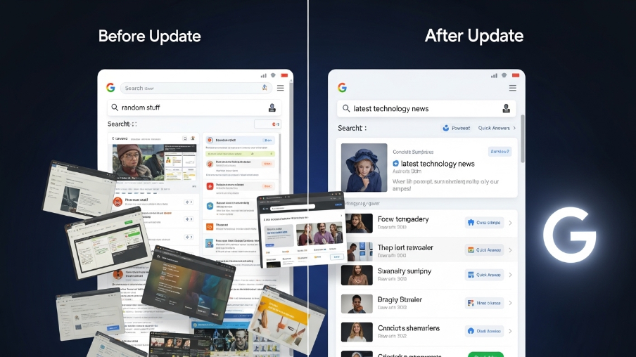 Side-by-side comparison of Google search UI labeled "Before Update" and "After Update". Before shows cluttered results with many floating windows. After shows cleaner layout with "latest technology news" search and organized results with Quick Answers and source labels.