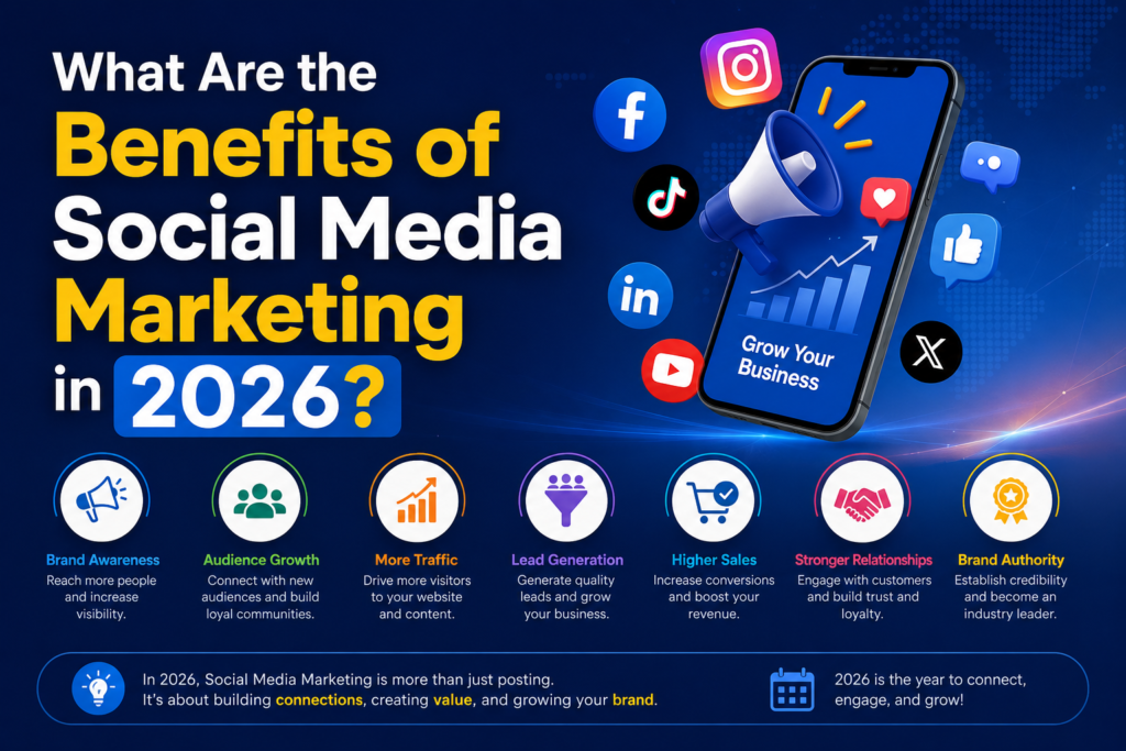 Benefits of Social Media Marketing in 2026 infographic showing brand awareness, audience growth, website traffic, lead generation, sales growth, customer engagement, and brand authority through social media platforms.