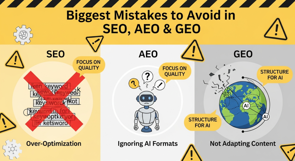 A digital illustration titled "Biggest Mistakes to Avoid in SEO, AEO & GEO" with a bold heading at the top. The image is divided into three sections:

SEO shows a red X over keyword stuffing with the phrase "Over-Optimization."
AEO displays a chatbot surrounded by confused symbols and the phrase "Ignoring AI Formats."
GEO features a globe with broken AI connections and the phrase "Not Adapting Content."
Warning symbols and text bubbles read "Stay Updated," "Focus on Quality," and "Structure for AI." The design uses a caution-themed, striking color palette and completely fills the canvas.