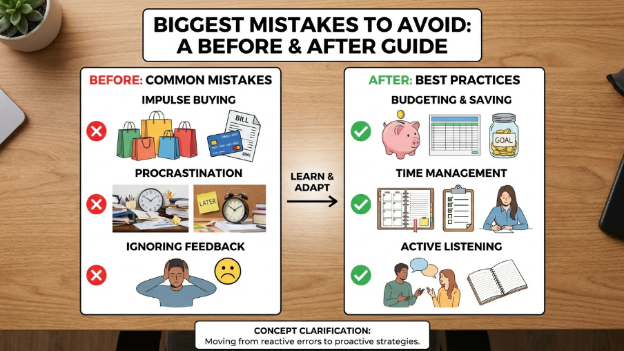 Before and after infographic showing common mistakes vs best practices: impulse buying, procrastination, ignoring feedback vs budgeting, time management, active listening