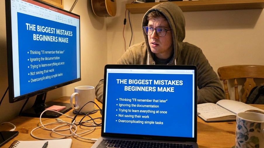Person at desk with laptop and monitor showing "The biggest mistakes beginners make" slide with list: procrastination, ignoring documentation,