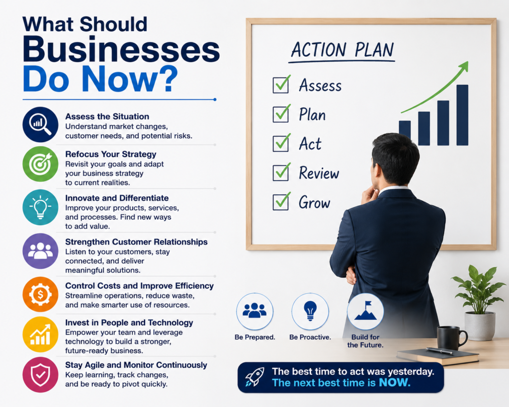 document.querySelector('img').alt = "Infographic titled 'What Should Businesses Do Now?' with 7 action steps: Assess, Refocus Strategy, Innovate, Strengthen Customer Relationships, Control Costs, Invest in People and Technology, Stay Agile. Right side shows businessman looking at ACTION PLAN checklist and rising bar chart.";