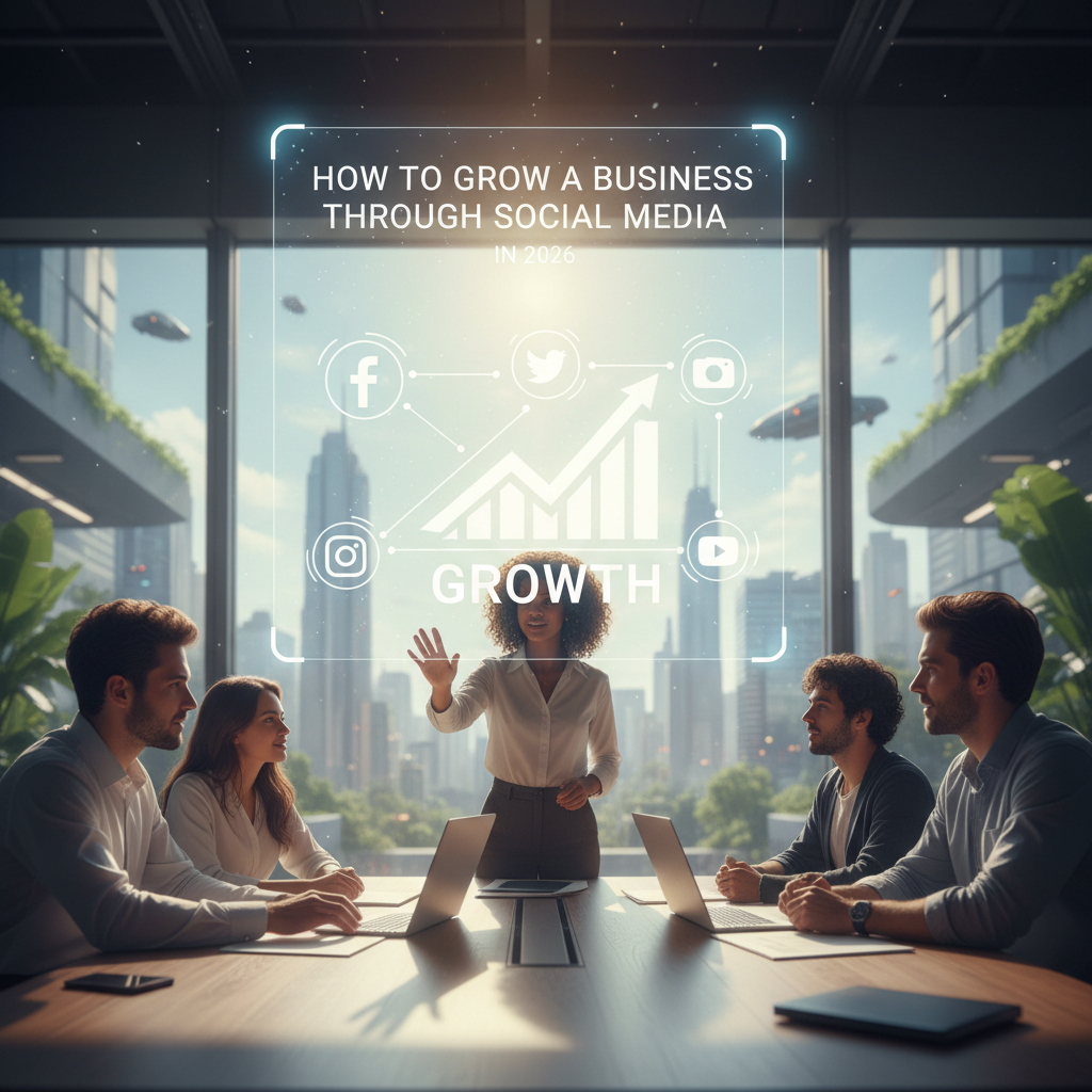 Team meeting with holographic social media icons and growth chart, text says how to grow business through social media in 2026