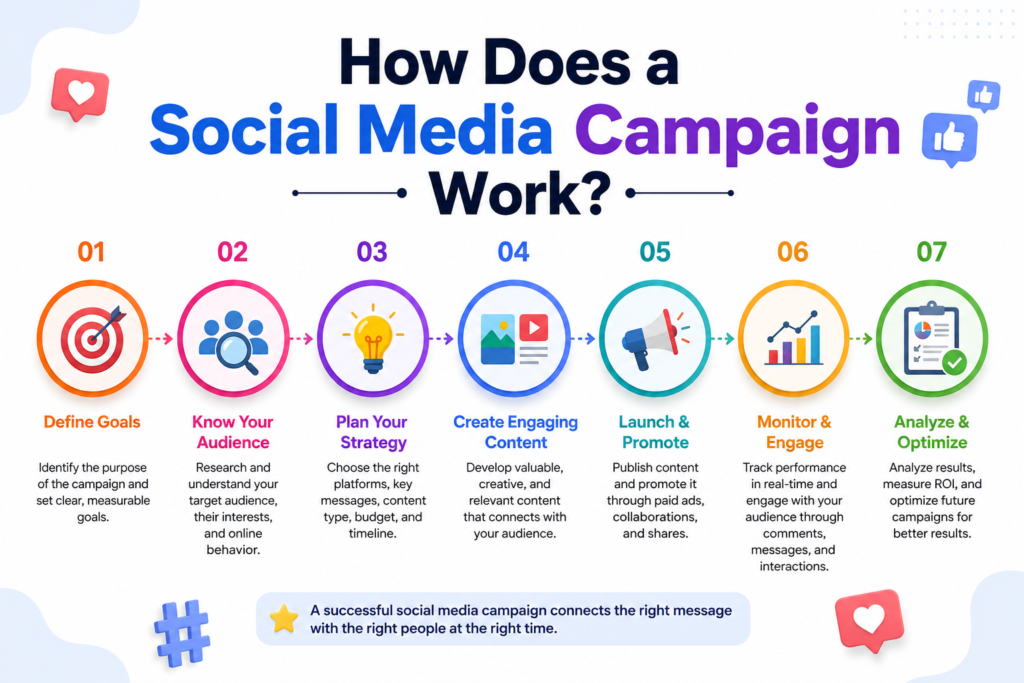 Infographic explaining the 7 steps of a successful social media campaign: Define Goals, Know Your Audience, Plan Strategy, Create Content, Launch & Promote, Monitor & Engage, and Analyze & Optimize, displayed in a colorful timeline with social media-themed icons.