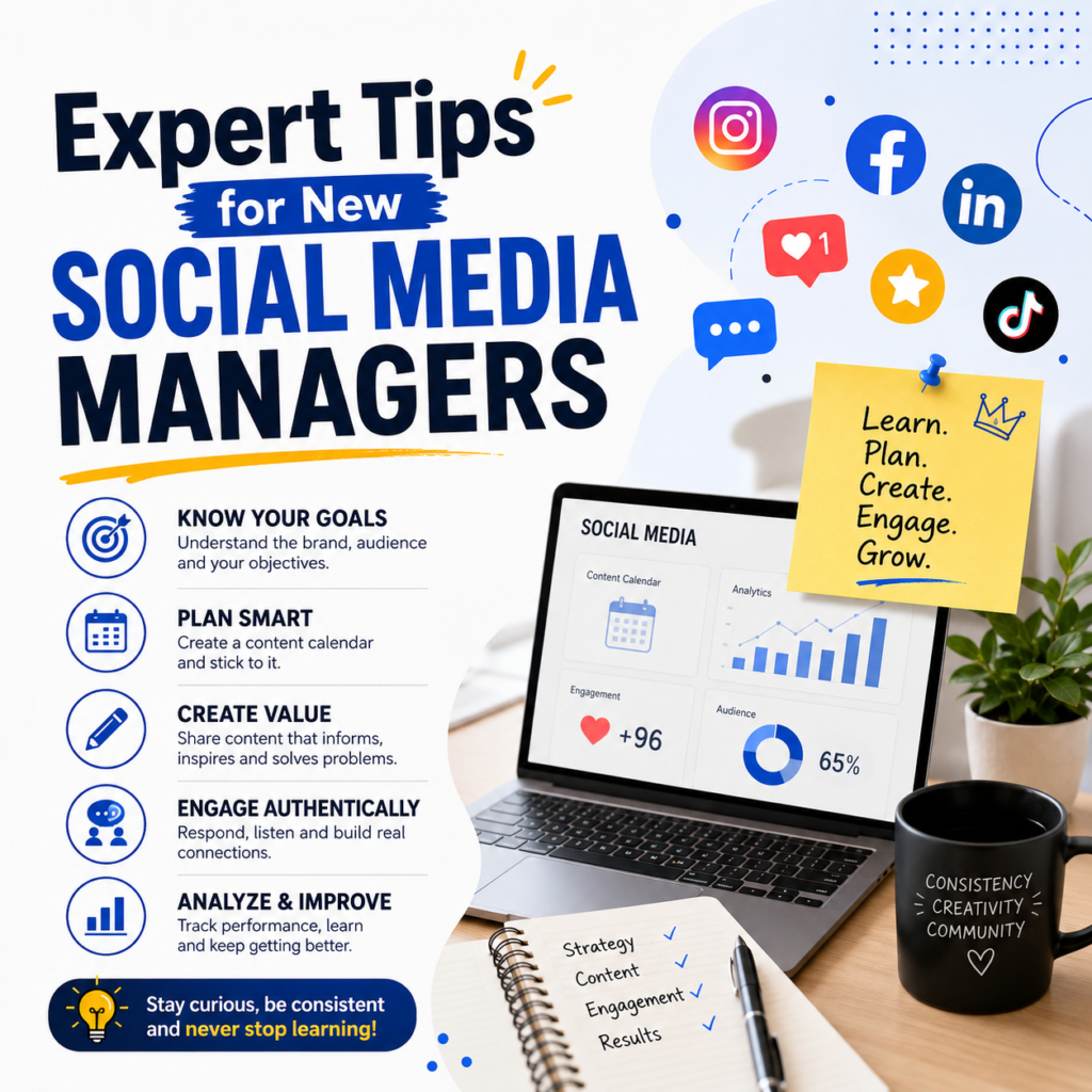 Professional infographic titled "Expert Tips for New Social Media Managers" featuring social media icons, analytics dashboard, laptop workspace, content planning notes, and key tips including goal setting, content planning, audience engagement, performance analysis, and continuous learning.