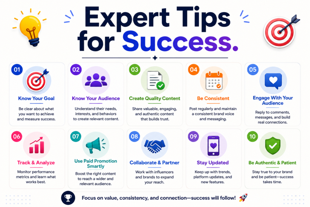 Infographic highlighting 10 expert tips for social media success, including goal setting, audience understanding, quality content creation, consistency, engagement, analytics, promotion, collaboration, trend awareness, and authenticity.