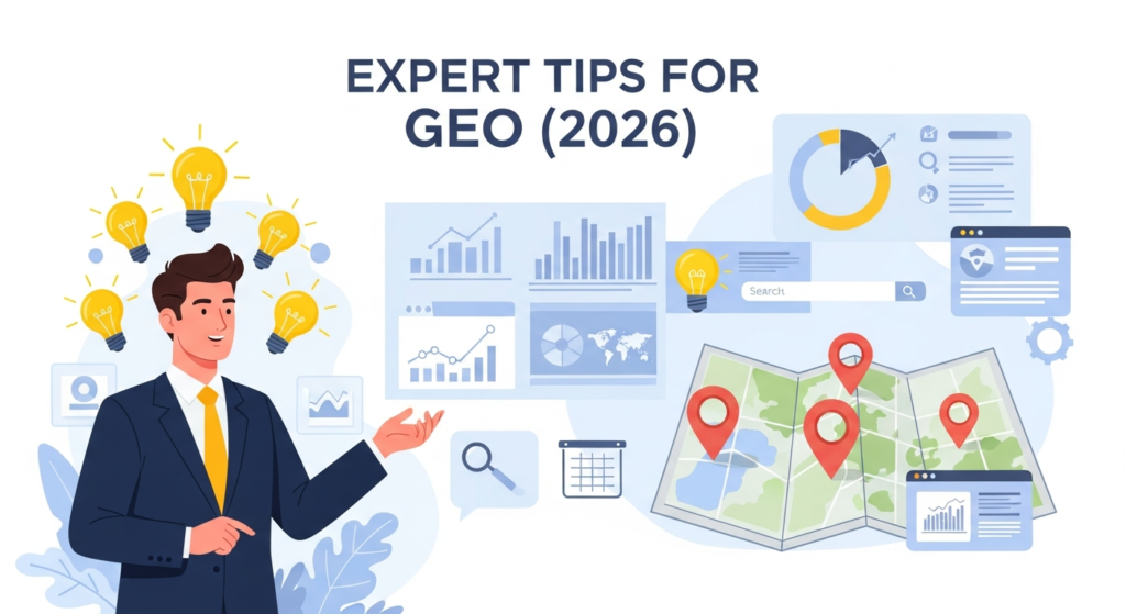 A digital illustration showing an expert or consultant presenting GEO (Geotargeting) tips for 2026. The scene includes charts, maps with location pins, digital marketing icons, and lightbulb symbols to represent expert advice. The heading "Expert Tips for GEO (2026)" highlights the focus on actionable strategies and best practices for geolocation in SEO.