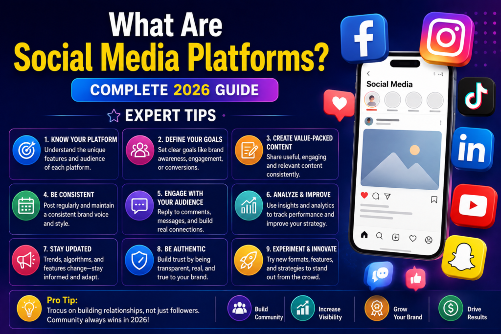Social media marketing guide showing a smartphone with social media icons and expert tips for growing engagement, visibility, and brand success in 2026.