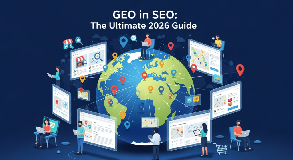 A digital illustration of a globe with location markers, people using devices in different countries, and customized search results for various regions. Icons for local SEO, maps, and digital marketing are included. The heading "GEO in SEO: The Ultimate 2026 Guide" highlights the importance of geotargeting and location-based SEO strategies.