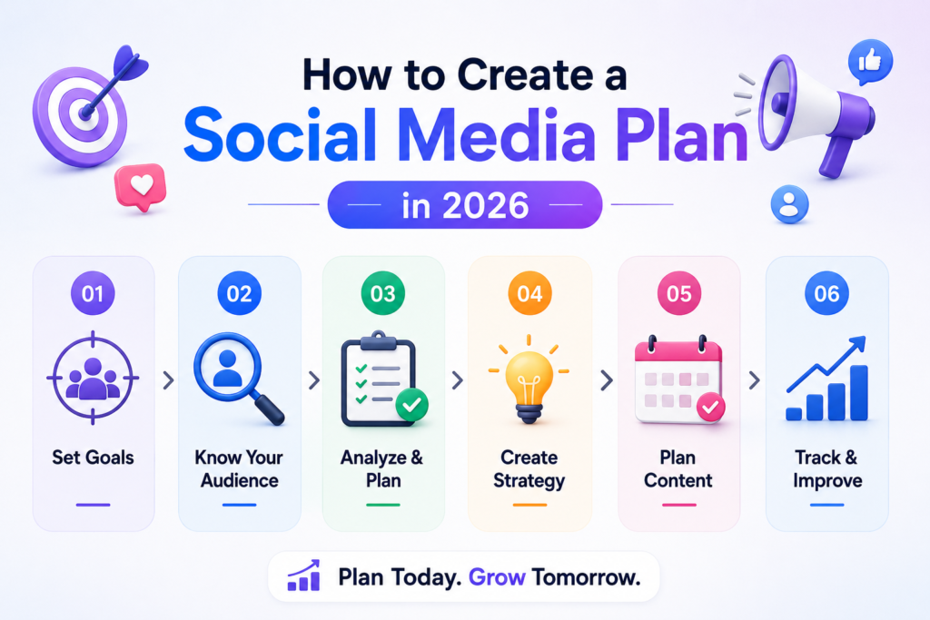 Modern infographic titled "How to Create a Social Media Plan in 2026" featuring six simple steps: Set Goals, Know Your Audience, Analyze & Plan, Create Strategy, Plan Content, and Track & Improve, with colorful 3D icons and a clean professional design.