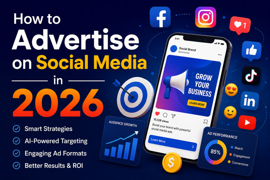 Social media advertising infographic showing AI-powered targeting, audience growth, engagement, and ROI strategies for 2026.