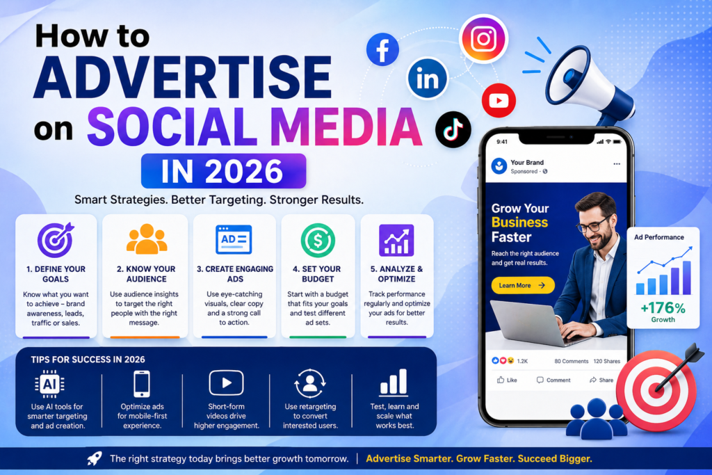 How to advertise on social media in 2026 using audience targeting, AI tools, ad optimization, and social media marketing strategies.