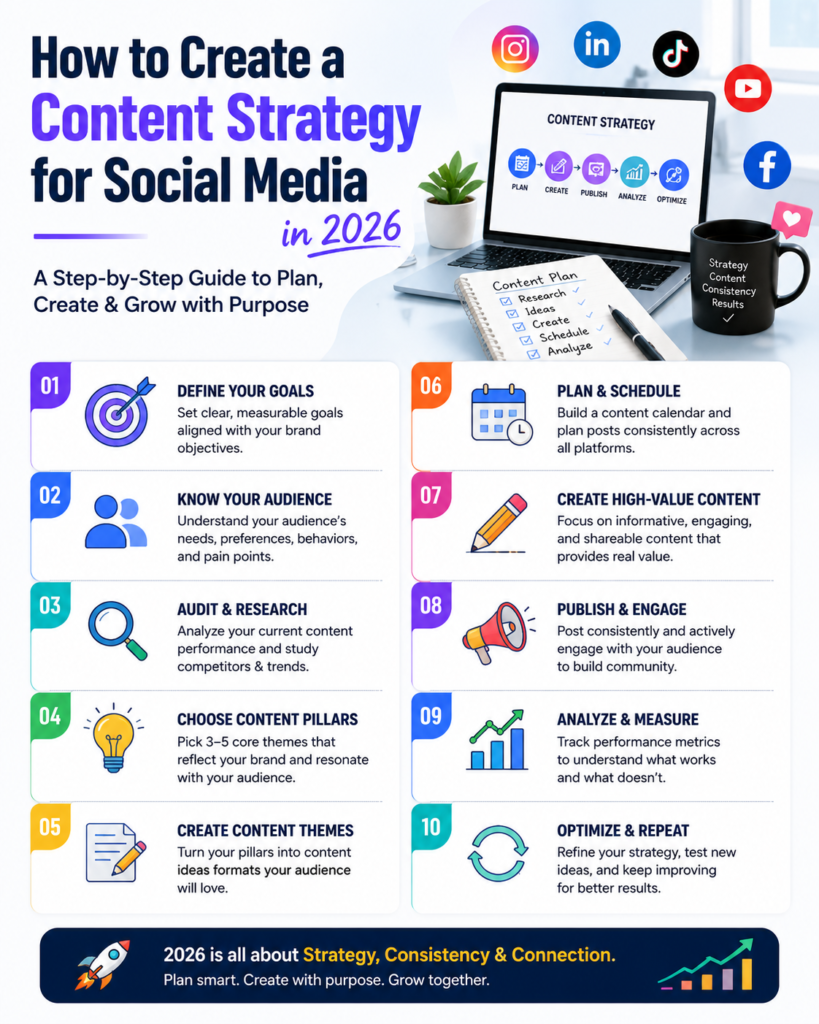 Modern infographic titled “How to Create a Content Strategy for Social Media in 2026” featuring a laptop with a content strategy workflow, social media platform icons, and a 10-step roadmap covering goal setting, audience research, content planning, publishing, engagement, analytics, and optimization for social media growth.