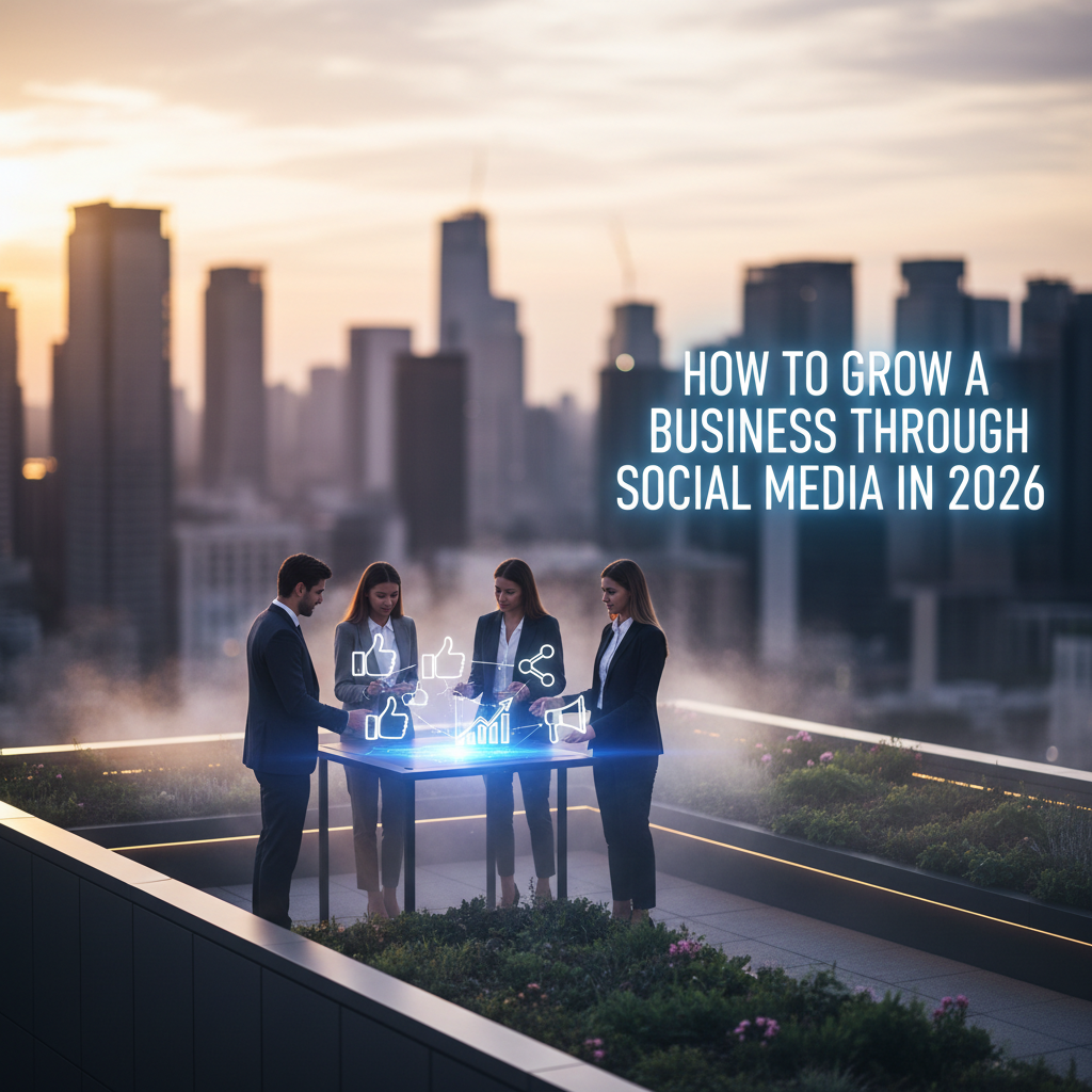 : Business professionals discussing social media growth strategy on a rooftop with a city skyline in the background.