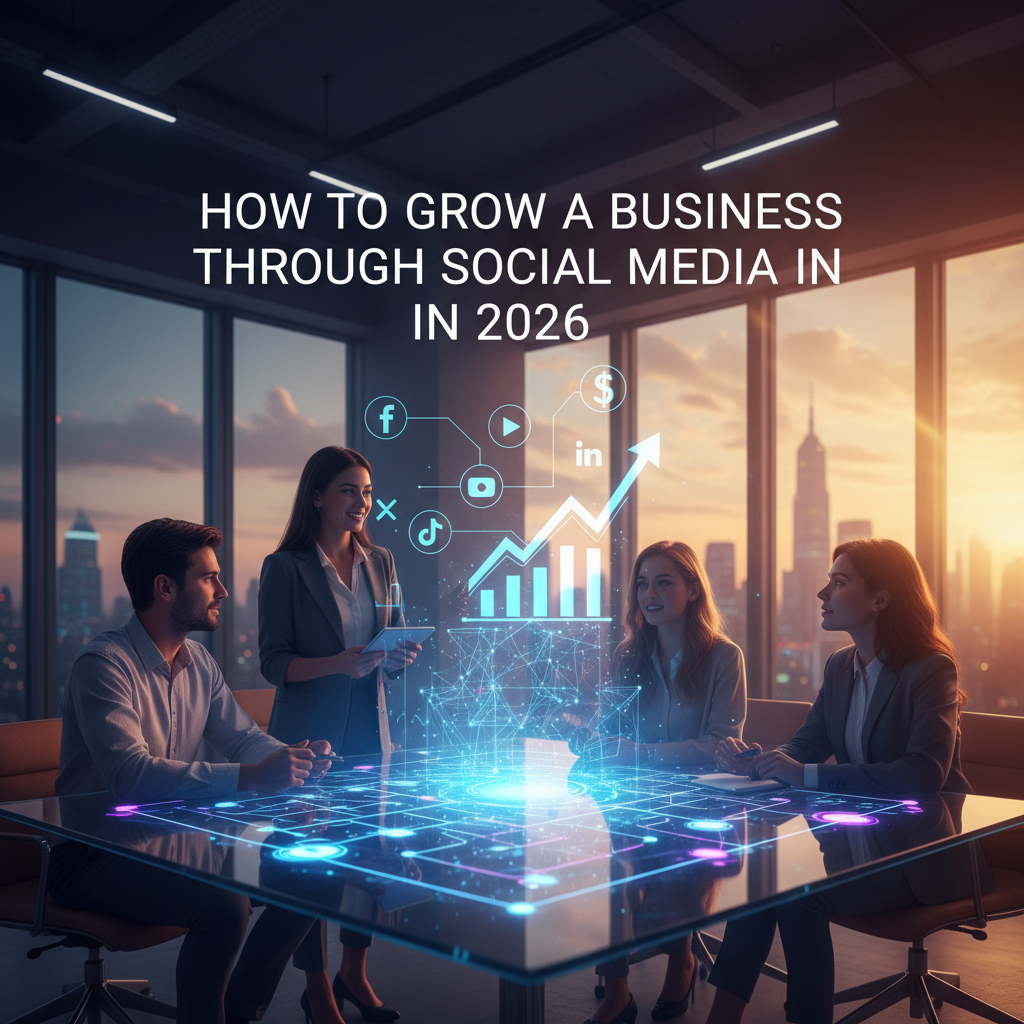 Business team meeting around holographic table with social media icons and growth chart, text says how to grow business through social media in 2026