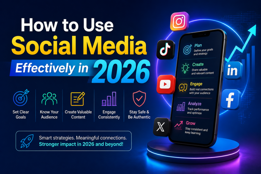 2026 social media marketing infographic with smartphone, social media icons, and growth strategy tips."